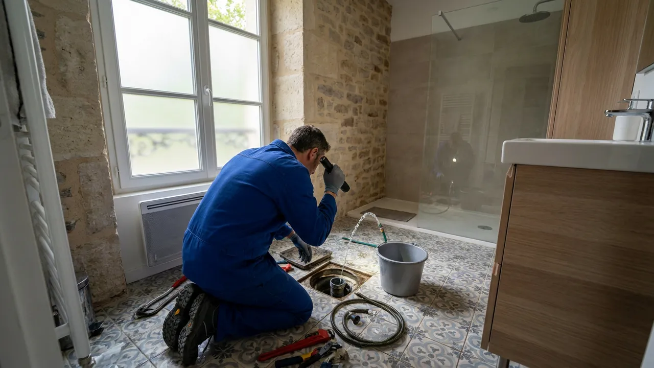 Plombier inspectant le siphon d'une bonde de sol dans la salle de bain d'un appartement de Saint-Denis