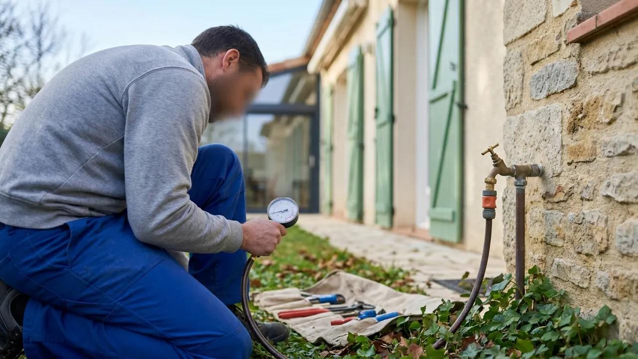 Plombier contrôlant la pression d'eau au manomètre dans un logement de Saint-Denis