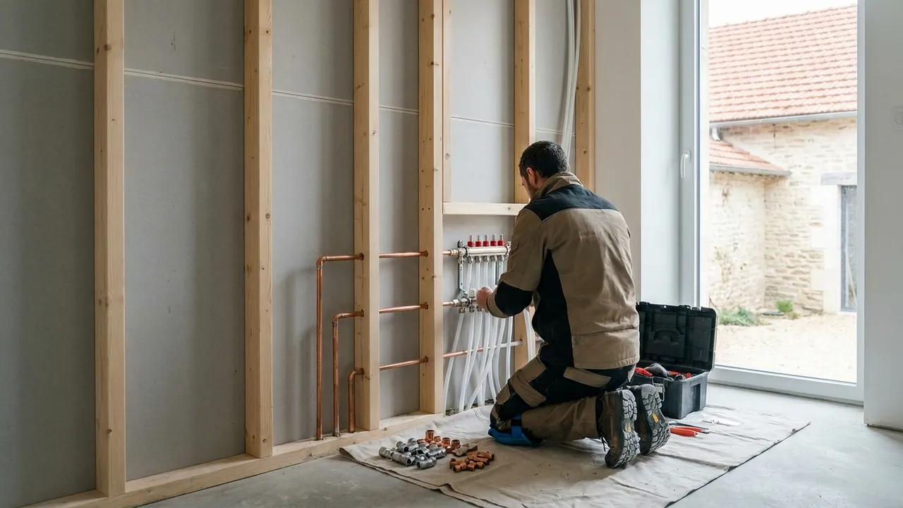 Plombier installant des canalisations neuves en cuivre et PER dans une salle de bain en travaux à Saint-Denis